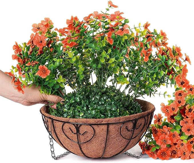 Artificial Fake Fall Hanging Plants Flowers Basket for Outdoor Decor, Faux Silk Orange Mums Daisy in Planter Look Real UV Resistant for Autumn Porch Home Patio Garden Yard Decoration
