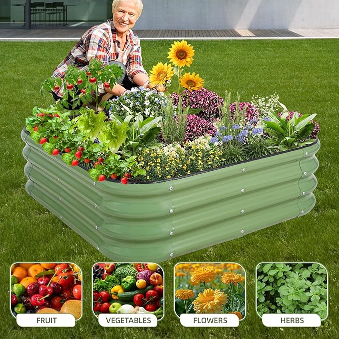 3-in-1 Modular Raised Garden Bed Kit - Adjustable Sizes (4x2x1ft, 3x3x1ft, 5x1x1ft) - Heavy-Duty Galvanized Steel Planter Box with Bracing Rods & Gloves for Vegetables, Fruits, Flowers