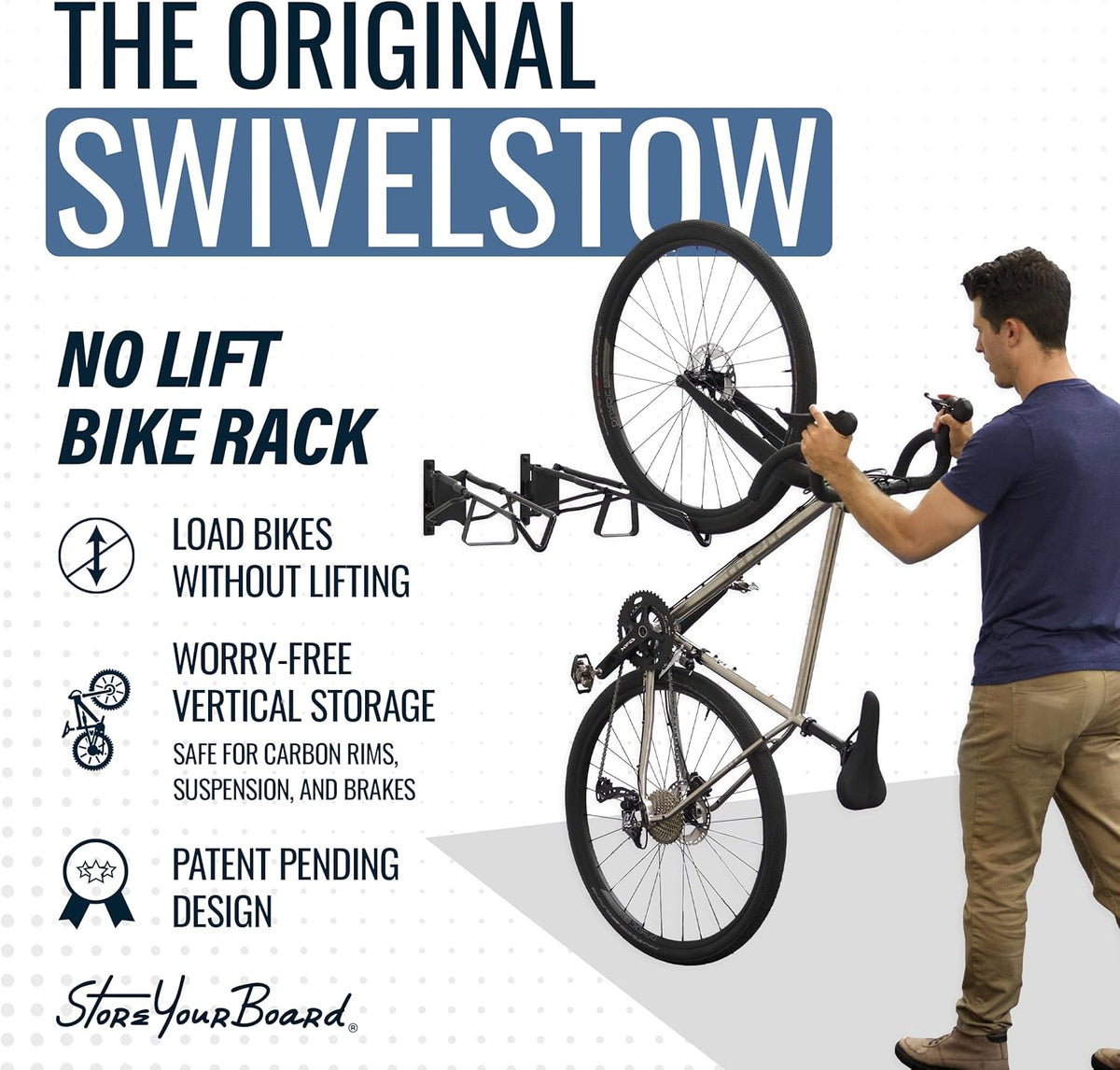 StoreYourBoard SwivelStow Road & Gravel Bike Storage – Heavy Duty Bike Hanger, No-Lift Bike Wall Mount for Garage Bike Storage, Holds 70 lbs, Patent-Pending