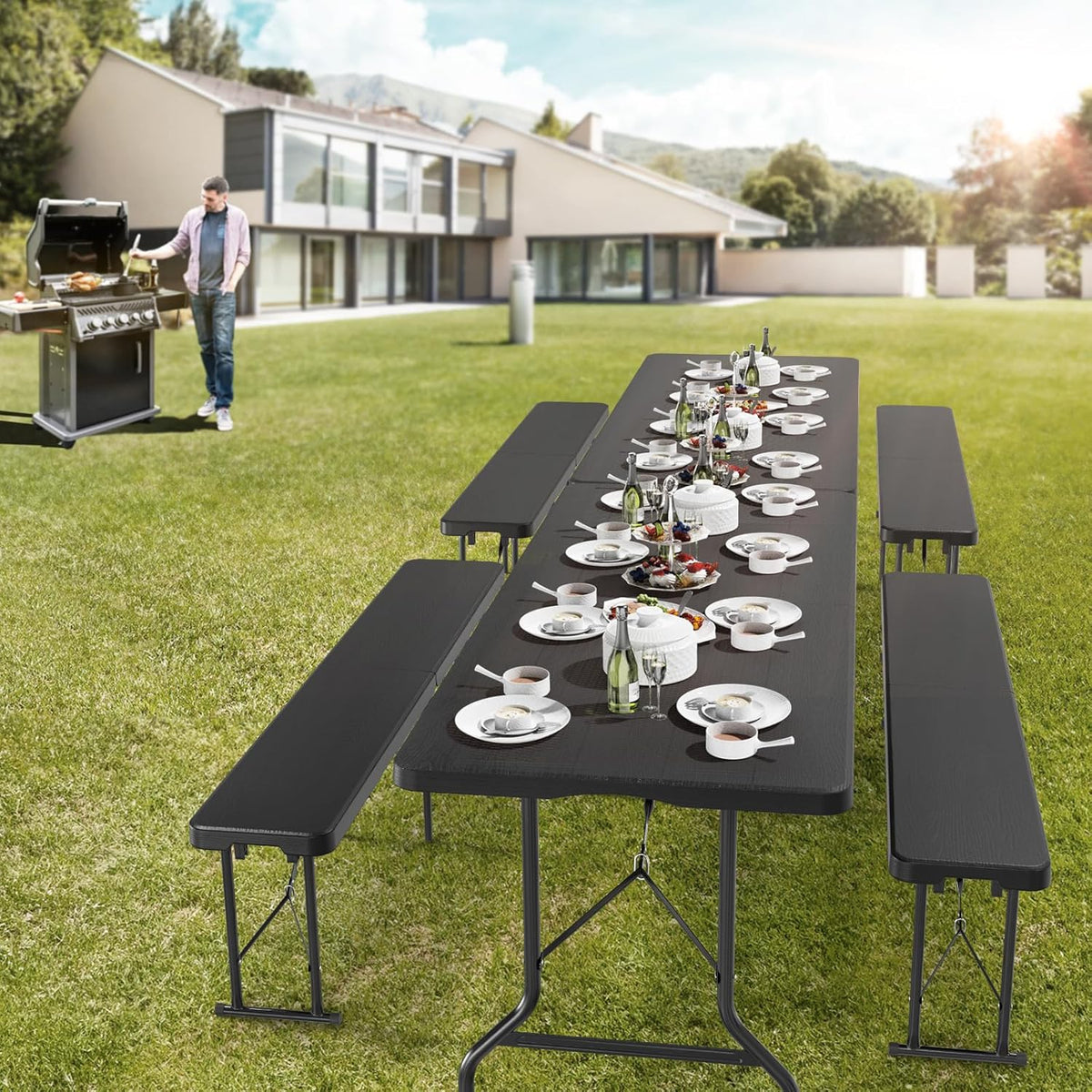 VINGLI 6 Foot Plastic Folding Table Portable Long Table for Indoor Outdoor Use Rectangular with Carrying Handle, Tree Patterned HDPE Tabletop, Black