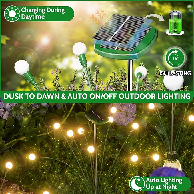 4 Pack High Bright Solar Garden Lights Outdoor, 36 LED Solar Firefly Lights Fairy Swaying Lights by Wind for Outside, IP67 Waterproof, Pathway Lights for Patio Garden Yard Walkway Sidewalk, Green