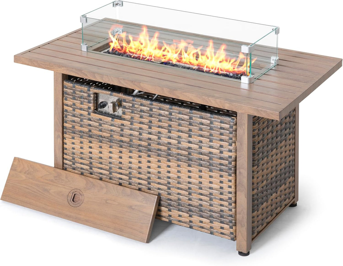 Nuu Garden 43 Inch Propane Fire Pit, CSA-Listed Outdoor Fire Pit Table, 50000 BTU Gas FirePit with Lid, Glass Wind Guard, Glass Beads, 2-in-1 Rectangular FirePit for Outside Backyard, Brown