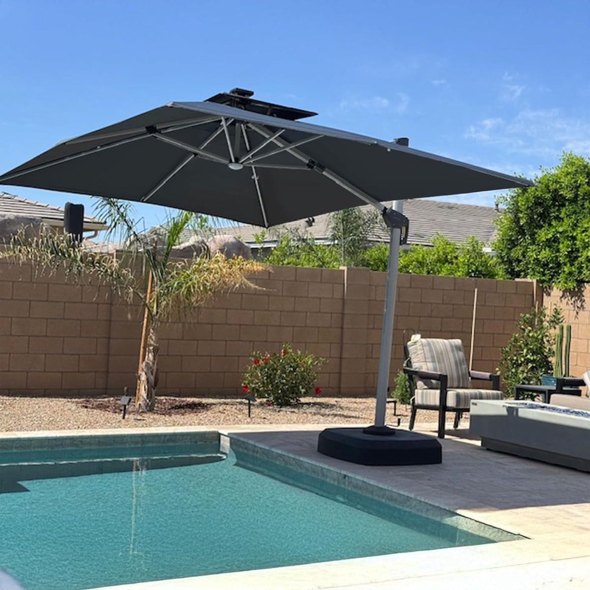 PURPLE LEAF 10' X 10' Solar Powered LED Patio Large Umbrella Offset Double Top Hanging Umbrella Outdoor Market Umbrella for Garden, Slate Gray