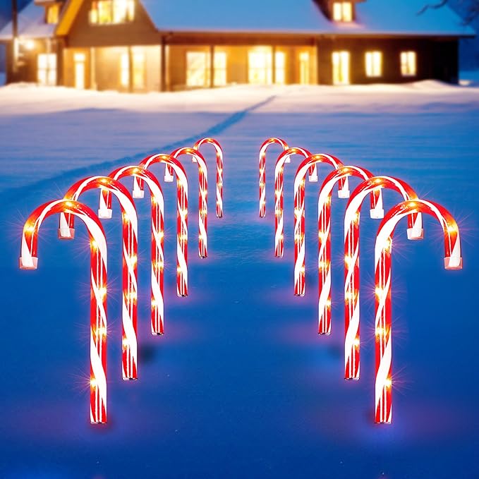 Christmas Candy Cane Lights 12Pcs Christmas Pathway Lights with 72 Count Incandescent Clear Lights, Connectable 12 Inch Pathway Makers Lights for Indoor Outdoor Walkway Patio Yard Lawn Decorations