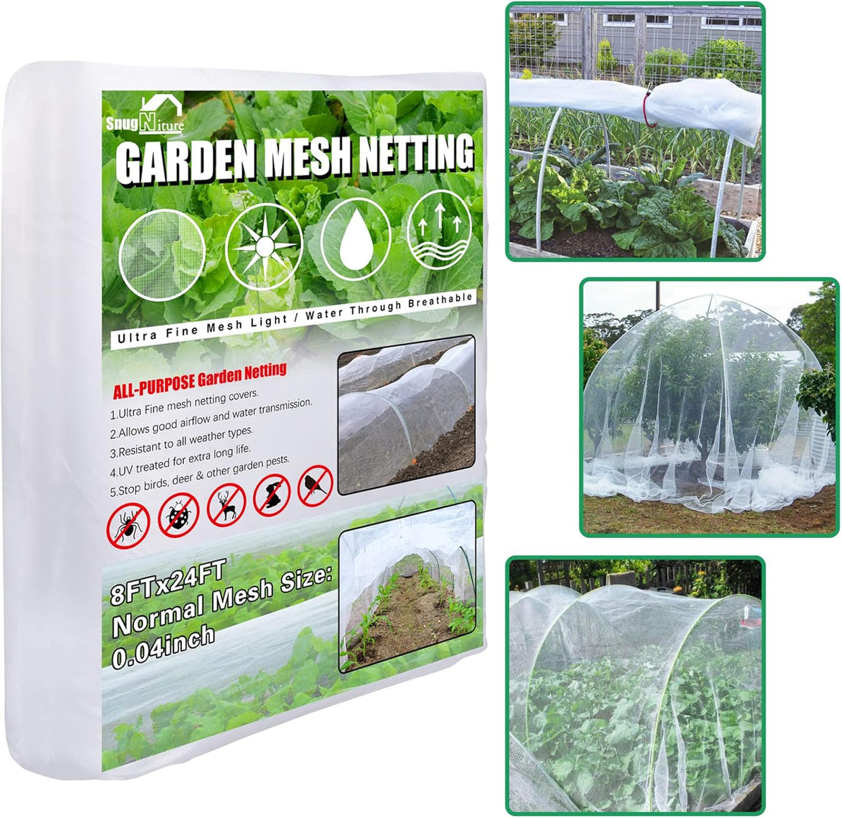 SnugNiture Garden Netting 8x24FT Ultra Fine Mesh Mosquito Netting Plant Covers, White Bird Netting Barrier Greenhouse Row Cover Protect Fruits Flower Vegetables from Birds Deer & Squirrels