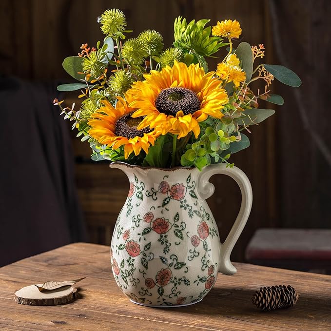 Green and White Vintage Vase with Handle, Red Rose Chinoiserie Floral Pitcher Vase, Rustic Ceramic Farmhouse Vases for Home Decor, Living Room, Bookshelf, Office, Grand Millennial Decor 7.9 Inch