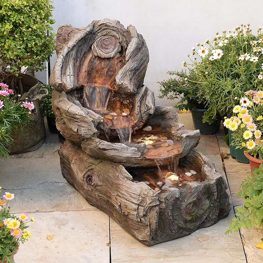 31.5" L Garden Water Fountain Outdoor, Artifical Imitation Wood Outdoor Water Fountain Natural Waterfall with LED Lights for Patio,Porch,Backyard,Home Art Decor（Resin）