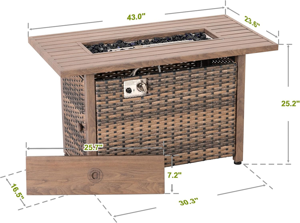 Nuu Garden 43" Propane Fire Pit Table, 50,000 BTU CSA-Listed Rattan Outdoor Gas Fire Pit with Lid & Glass Beads, Smokeless Rectangular Patio Heater Table for Backyard, Deck, Garden, Brown