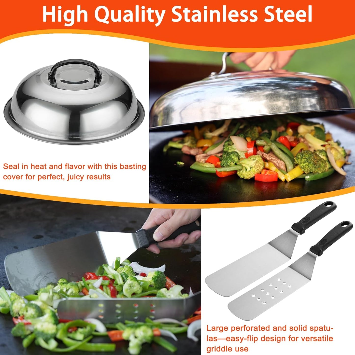 Griddle Accessories Kit - 40PCS Flat Top Grill Tool Set. Griddle Accessories Set with Basting Cover, Spatula, Scraper, Burger Press, Tongs, Cleaning Kit