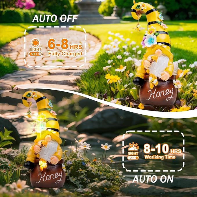 13" Garden Solar Spring Gnomes Statues Outdoor Spring Decor with LED Lighted Bee and Flowers Funny Garden Sculpture for Patio Yard Lawn Decorations Gifts