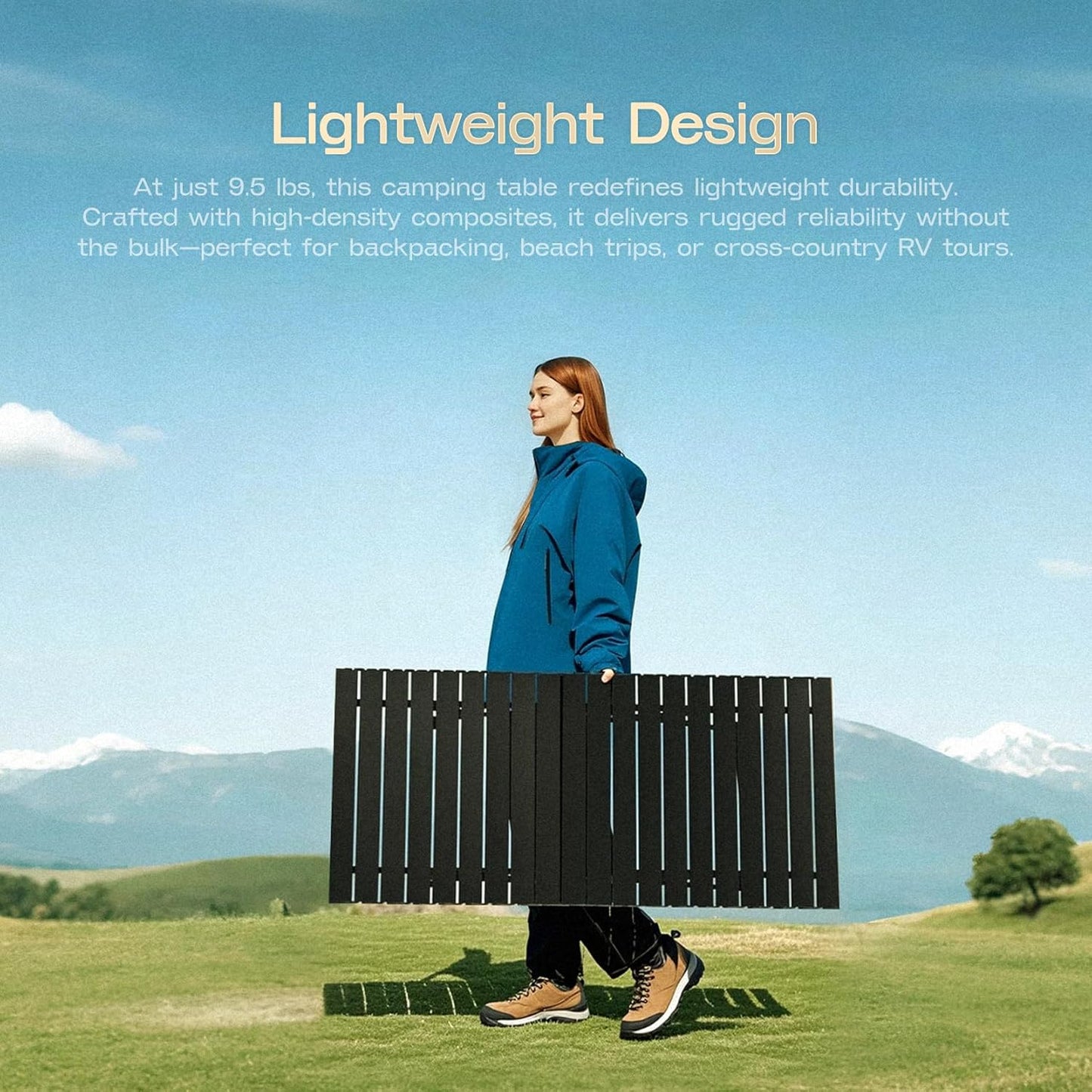 Height Adjustable Camping Table Tall Large Outdoor Folding Camping Table with Wide-Base Anti-Sink Legs & Carry Bag for Camping BBQ Beach Backyard (Black)