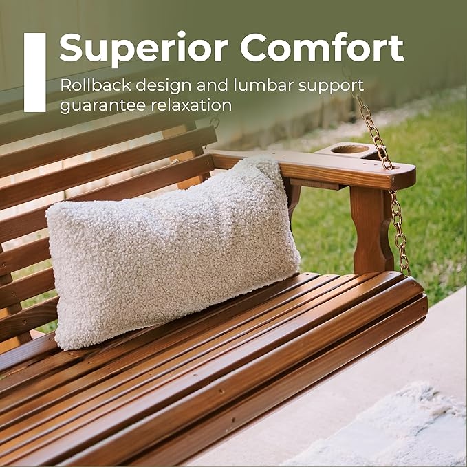 Amish Casual 3 Foot Roll Back Porch Swing with Cup Holders in Oak Stain - Amish Made in The USA from Treated Pine Heavy Duty 700 Lb. Weight Capacity