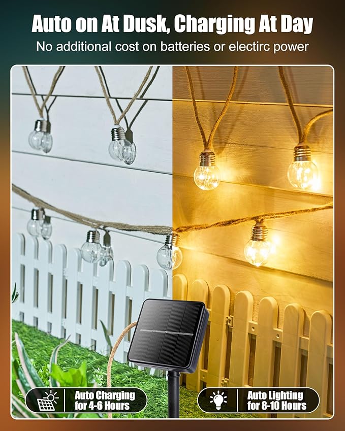 Brightown Solar String Lights Outdoor, 2 Pack 30Ft Vintage Hemp Rope Patio Lights with 15 Shatterproof Bulbs, 8 Light Modes Waterproof Hanging Lights for Backyard Fence Café Bistro Decor, Warm White
