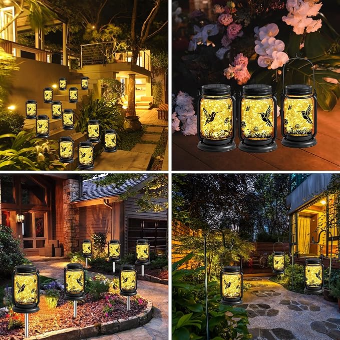 2 Pack Hummingbird Solar Outdoor Lanterns, Birthday Mothers Day Gifts for Women Mom Grandma, Vintage Glass Mason Jar Solar Fairy Lights, Waterproof Garden Lights for Patio Yard Lawn Tree Party Decor
