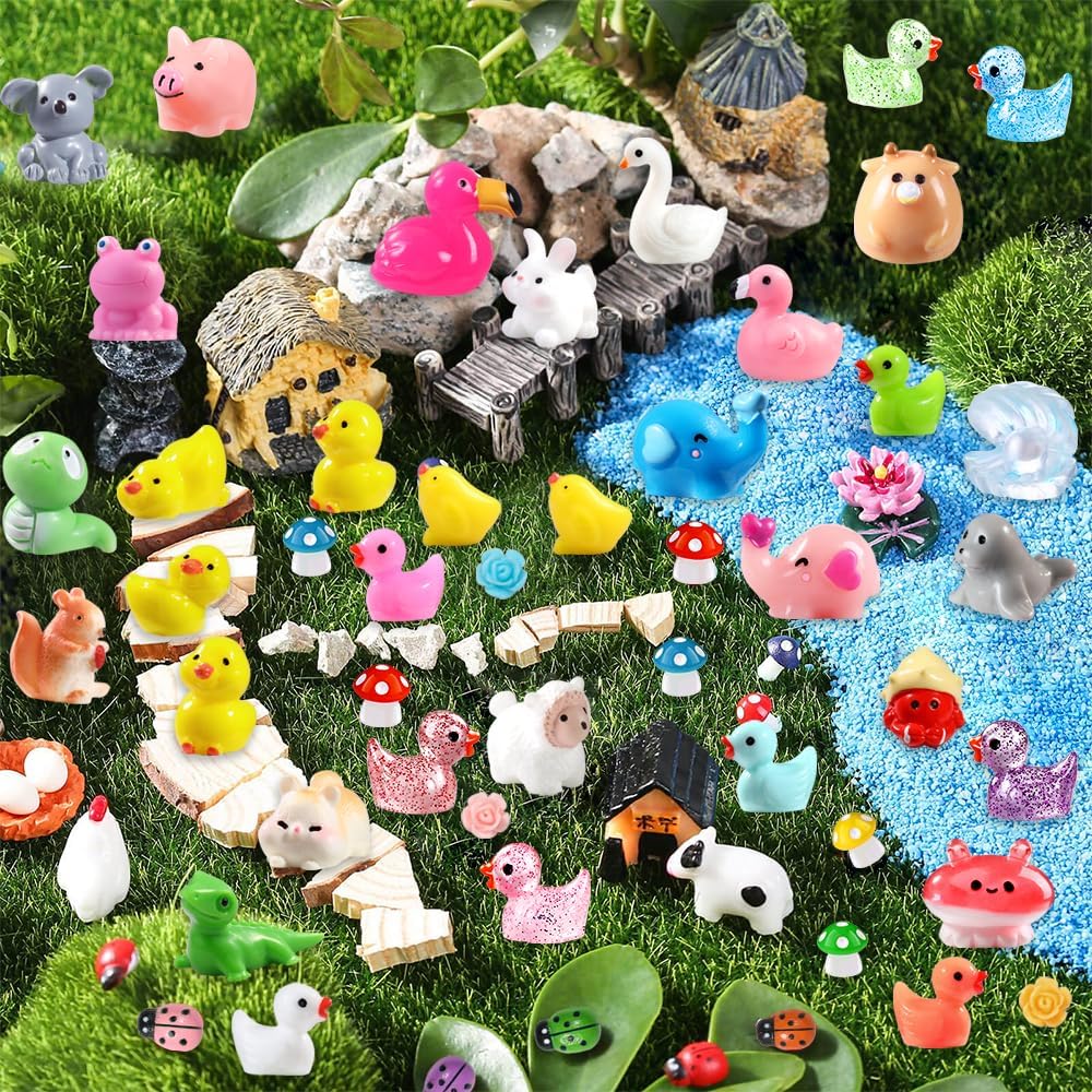 150pcs Mini Resin Animals, Colorful Tiny Small Little Glitter Ducks Mushroom Figures to Hide Miniature Figurines for Dollhouse Micro Landscape Aquarium Decorations DIY Crafts