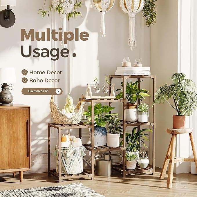 Bamworld Plant Stand Indoor Plant Shelf Outdoor Wood Plant Rack for Multiple Plants 3 Tiers Ladder Plant Pot Holder for Living Room Patio Boho Home Decor for Gardening