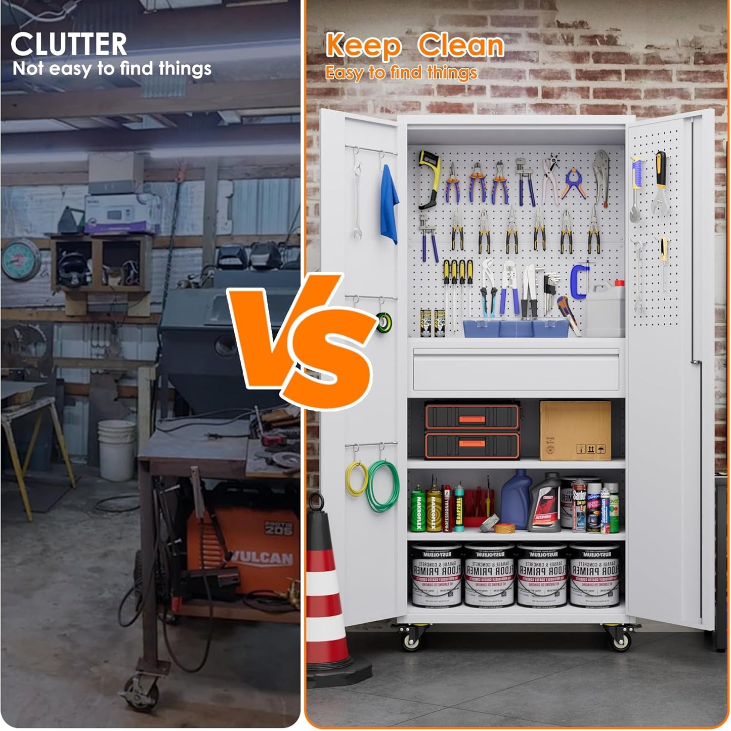 Aobabo Metal Storage Cabinet with Wheels and 1 Interior Drawer, Steel Rolling Tool Cabinet with 16 Hooks and 2 Adjustable Shelves for Garage, Home, Office, Kitchen Assembly Required, White