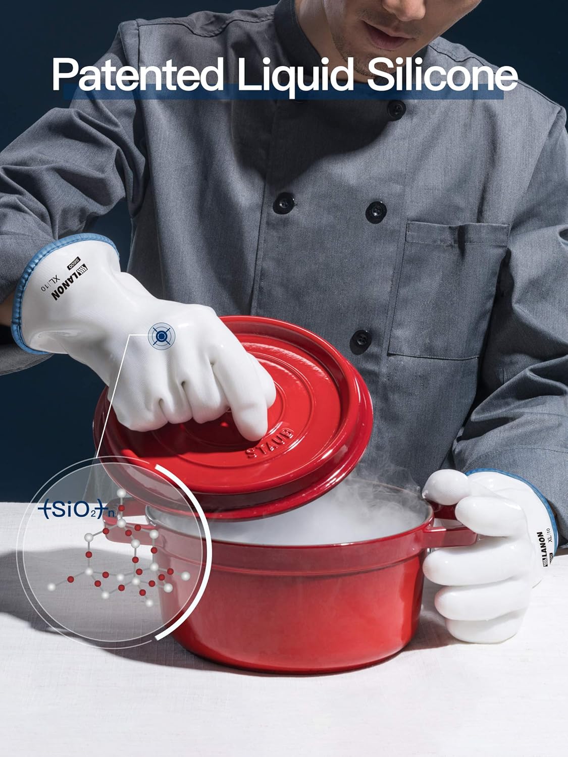 LANON Protection Wahoo Liquid Silicone Smoker Oven Gloves, Food-Contact Grade, Heat Resistant Gloves for Cooking, Grilling, Baking, White, M/8