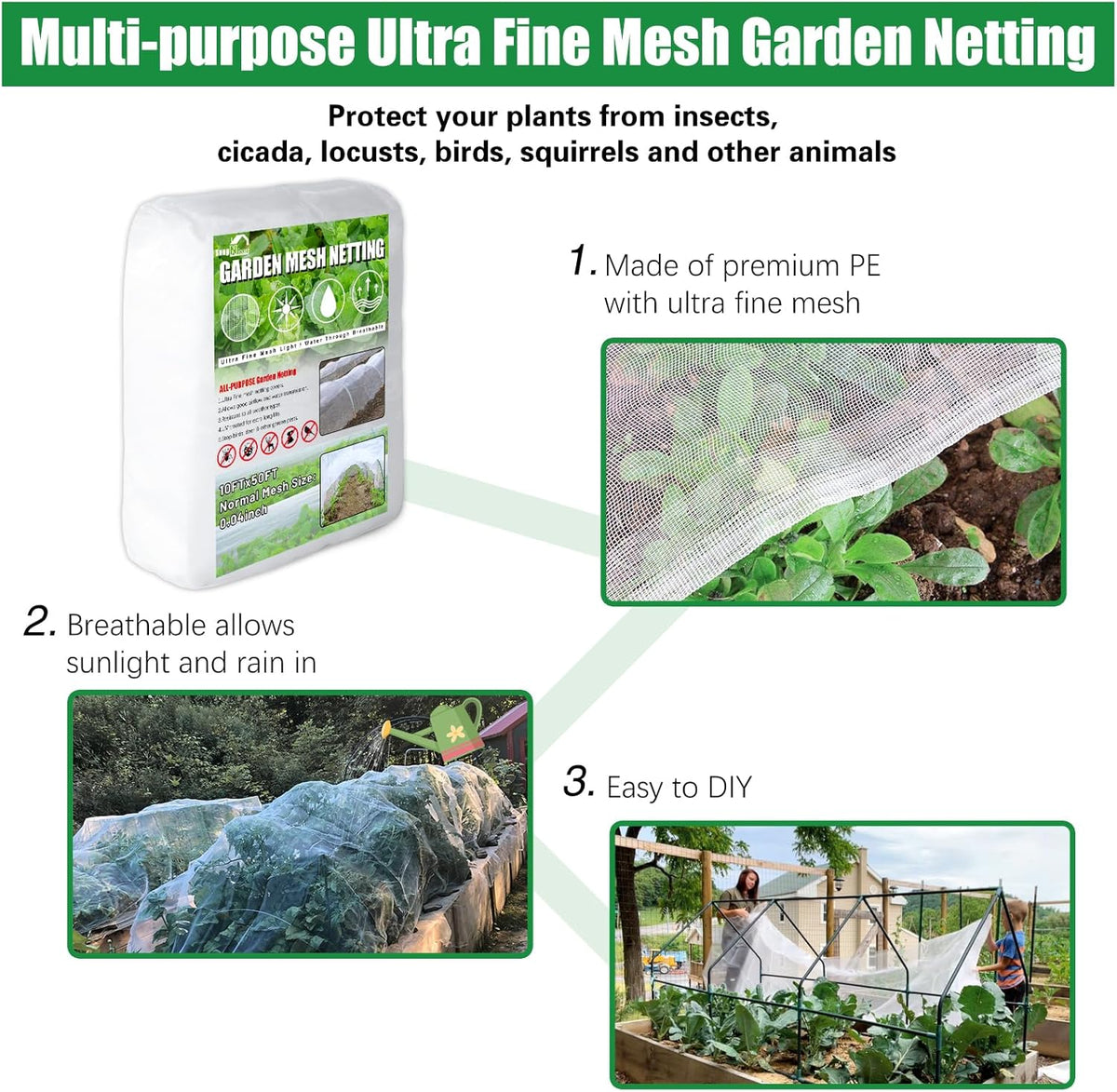 SnugNiture Garden Netting 10x50FT Ultra Fine Mesh Mosquito Netting Plant Covers, White Bird Netting Barrier Greenhouse Row Cover Protect Fruits Flower Vegetables from Birds Deer & Squirrels