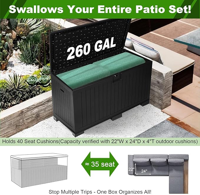 320 Gallon Outdoor Storage Box Waterproof, Extra Large Plastic Outside Deck Box Weatherproof, Resin Patio Storage Bin with Lock and Lids for Pool Equipment, Cushion