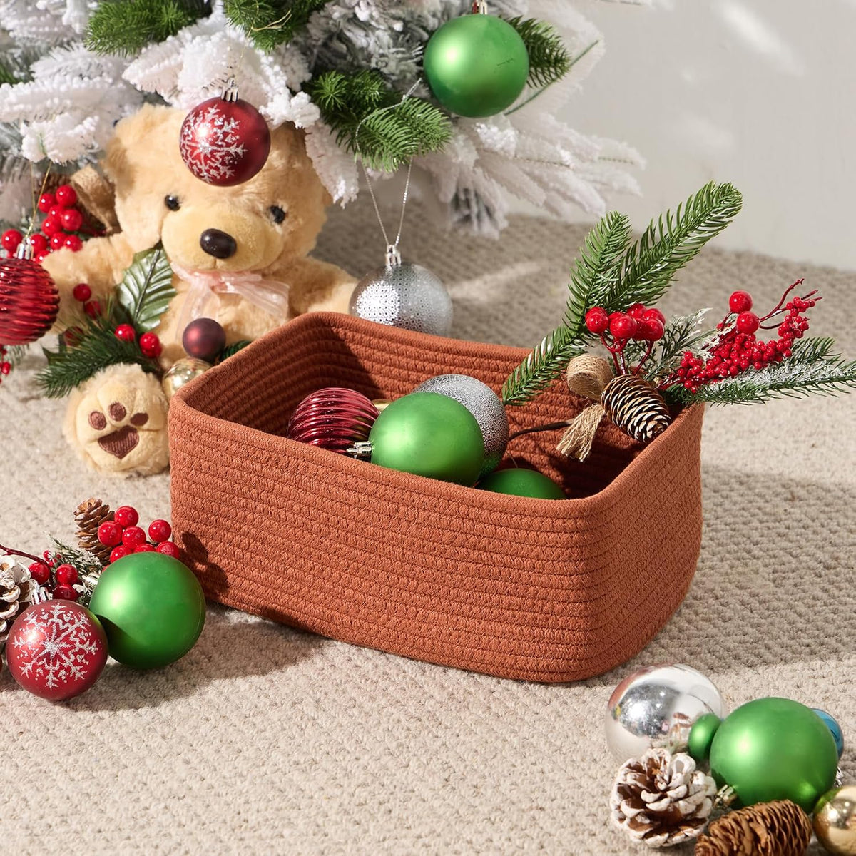 Small Storage Baskets for Organizing | Closet Organizer Bins | Shelf Toy Basket | Woven Rope Baskets | Cube Decorative Box | Shallow Basket | 11.5x7.5x4.7” | 3 Packs Oxide Red