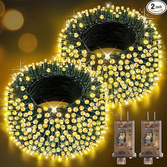 Hezbjiti 2 Pack 1000 LED 403 FT Christmas String Lights Outdoor, 8 Lighting Modes IP44 Waterproof Fairy Lights with Timer and Dimmable Function for Party Tree Decorations (Warm White, Green Wire)