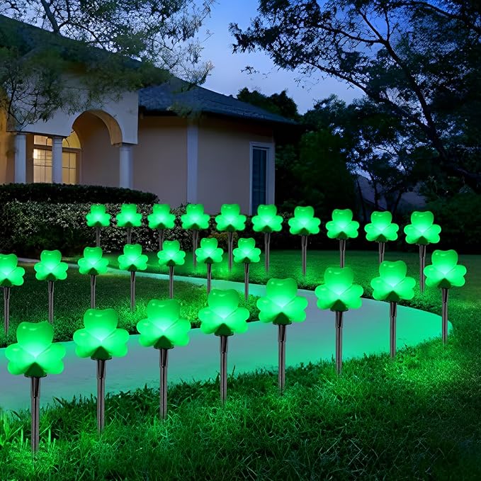 2 Sets 4 Pack St. Patricks Green Shamrock Pathway Lights Outdoor for St. Patricks Day Decorations, C7 LED Green Lucky Clover Garden Lights Waterproof, UL Certified for Lawn Yard Walkway Decor, Plug In