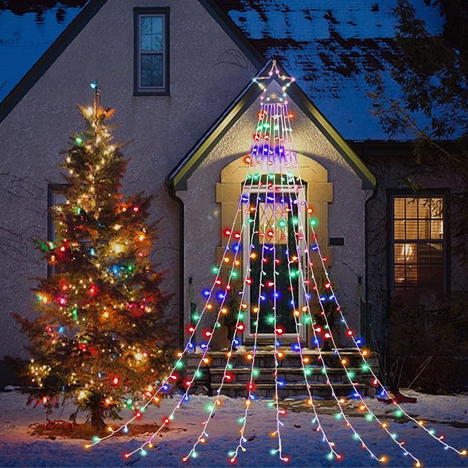 Christmas Decorations Star String Lights, 320 LED Waterfall Tree Lights with 13" Topper Star 8 Lighting Modes Indoor Outdoor Decorative for New Year, Holiday, Wedding, Party (Multicolor)