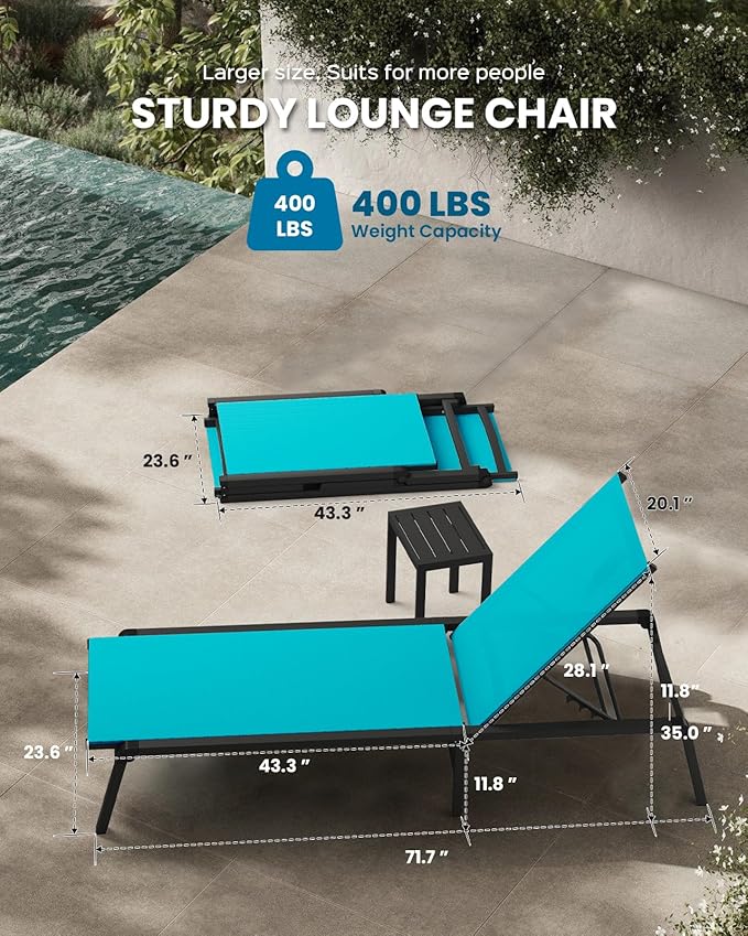 Chaise Lounge Outdoor, Foldable Aluminum Pool Lounge Chairs with 5 Positions Recliner - Free Assembly - Patio Chaise Lounge Chair for Poolside, Beach, Yard (Lakeblue)