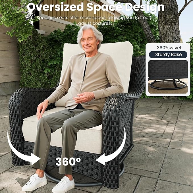 3 Pieces Outdoor Patio Furniture Sets with Rocking Swivel Chairs with 6-inch Thick Cushion and Side Table for Deck Lawn