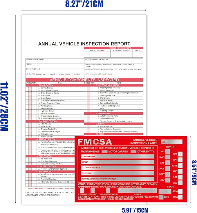 Annual Vehicle Inspection Report Form 5-pk 3-Ply Carbonless,8.5" x 11.75" + Label Aluminum,Permanent Adhesive 6" x 3.5"