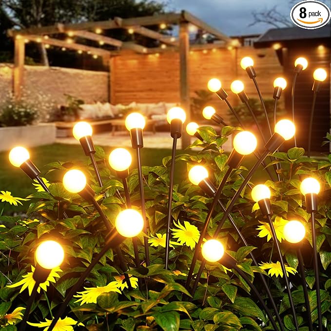 8 Pack Solar Garden Lights, KELME 64 LED Upgraded Firefly Garden Lights Solar Outdoor, Bright High Flexible Swaying Outdoor Solar Lights for Outside Yard Garden Christmas Decorations Gifts, Warm White