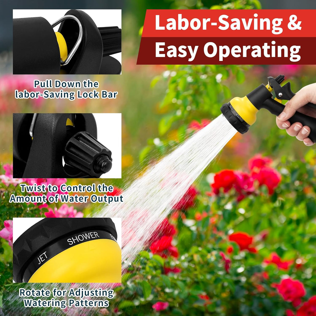 NEXCOVER Garden Hose Nozzle Sprayer - 7 Adjustable Watering Patterns Nozzle for Water Hose, Non-Slip Garden Spray Nozzle for Car Washing, Watering Plants, Pets Showering, Lawns Cleaning, Yellow