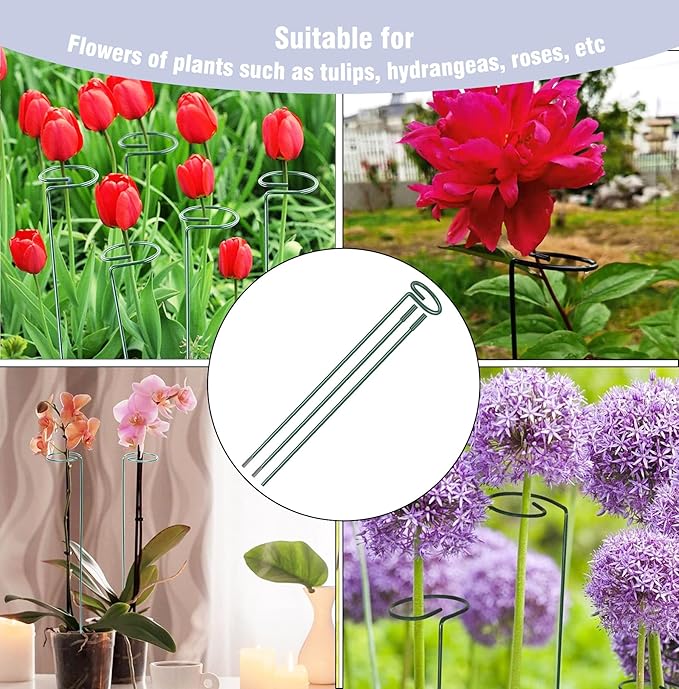 4.5mm Adjustable Length Plant Stake, Assembled (12 or 24 or 36 inch) Outdoor and Indoor Plant Support Poles for Flowers Marigolds Tomatoes Lilies Peonies Roses Daffodils Flower Clips (4 Sets, 16 Pcs)