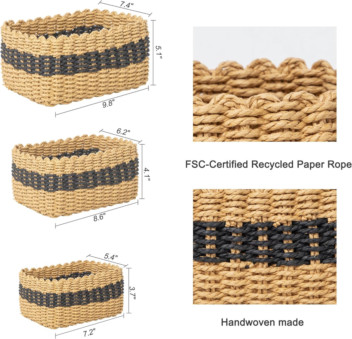 Small baskets for Organizing,Cute woven Storage basket with recycled paper rope for Shelves Bathroom,Little decorative basket,Set of 3 (Desert&Black)