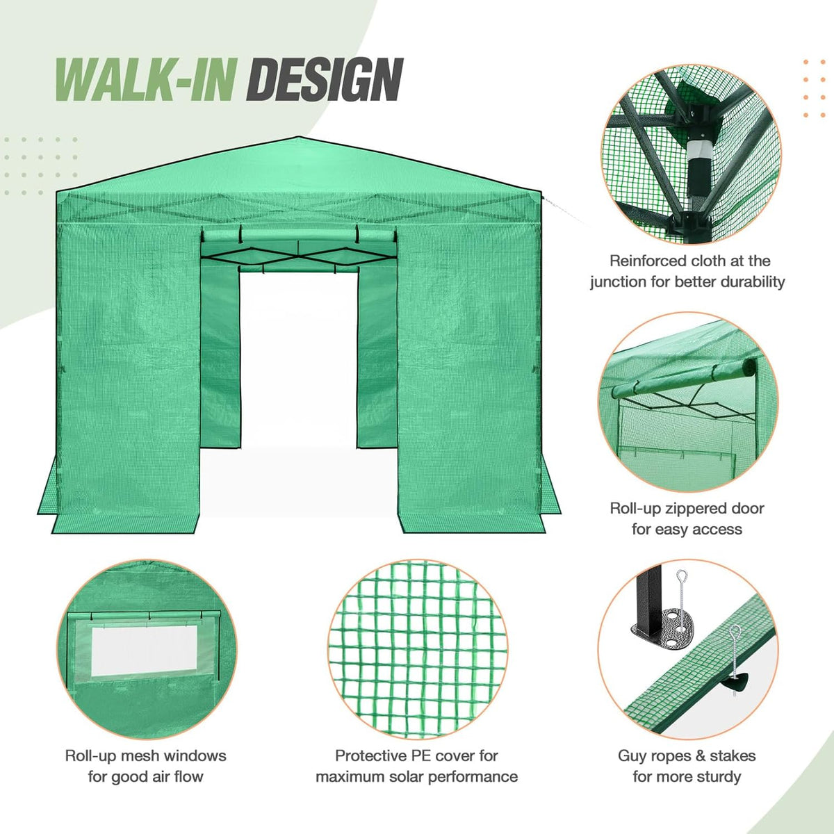 EAGLE PEAK 10x10 Portable Walk-in Greenhouse, Pop-up Indoor Outdoor Garden Green House, Zippered Doors and Windows, PE Cover, Green