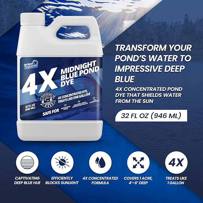 32oz Midnight Blue Pond Dye, 4X Concentrate Pond Dye Blue, Dark Natural Looking Aquashade for Beautiful Lake Water, Long-Lasting Colorant, Protects Against Sunlight - Ideal for Fish & Wildlife