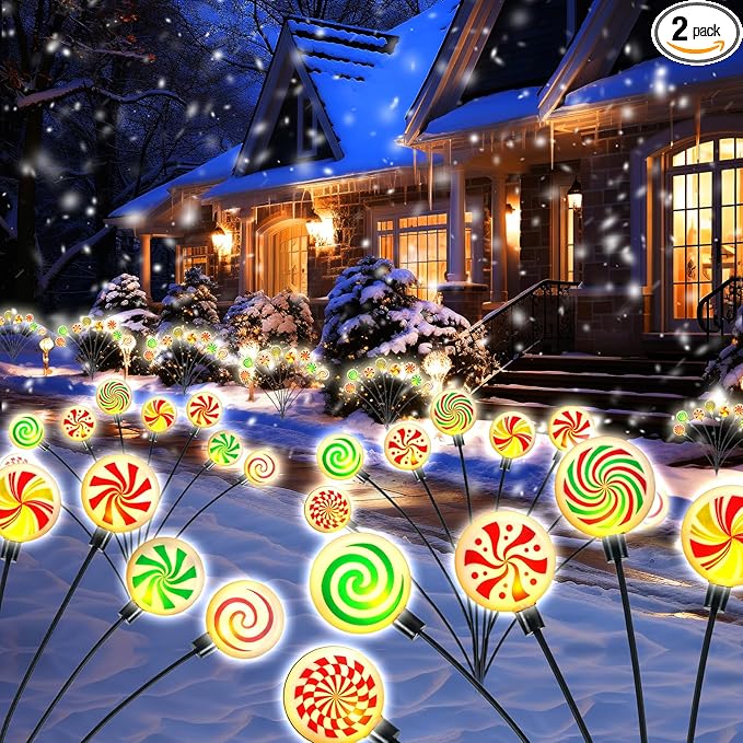 4 Pack 8 Patterns Christmas Decorations with 32 Lollipop Christmas Lights, Solar Christmas Lights Outdoor Waterproof with 8 Modes, Christmas Peppermint Candy Pathway Yard Decor for Garden/Lawn/Patio
