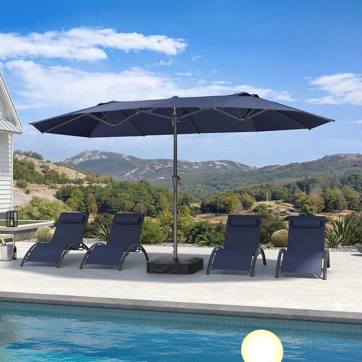PURPLE LEAF 14ft Patio Market Umbrella Outdoor Double-Sided Umbrella with Base and Crank Rectangle Table Umbrella for Pool Deck Garden, Navy blue