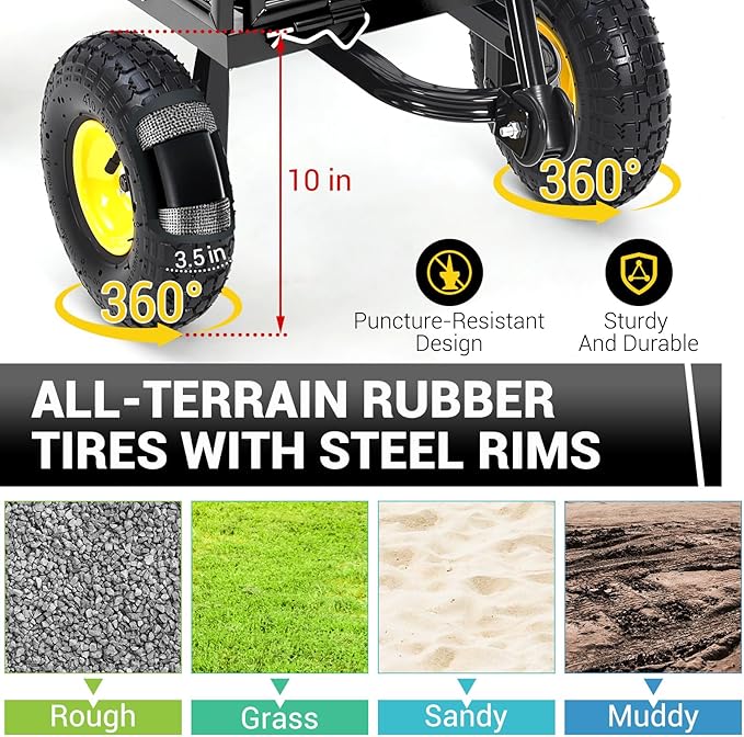 Heavy Duty Steel Garden Cart, 1100LBS Pullable Metal Garden Wagon with 10" Wheels, 180° Rotating Handle and Removable Sides for Outdoor, Farm, Yard, Beach ﻿