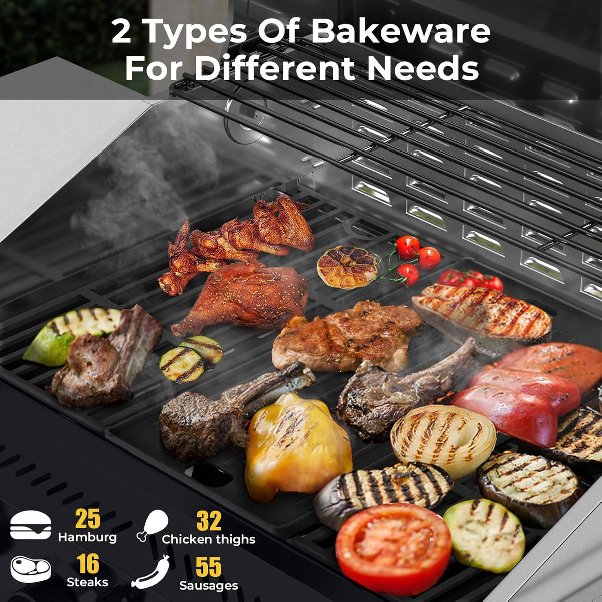 R.W.FLAME 4-Burner Gas Grill with Side Burner, Stainless Steel Propane Grill 42000BTU for Outdoor Cooking, with Porcelain-Enameled Cast Iron Grates, Baking Pan, Silver