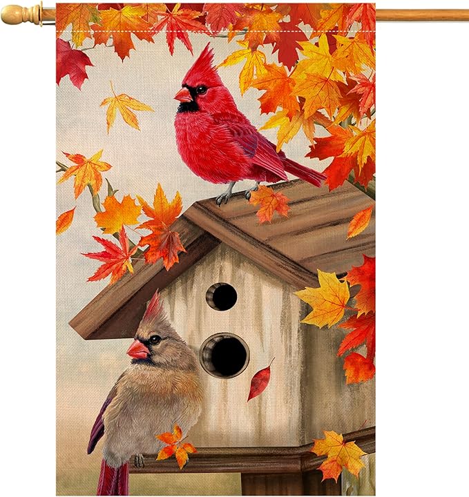 BLKWHT Fall Cardinal Bird House Flag 28x40 Vertical Double Sided Maple Leaves Welcome Autumn Thanksgiving Holiday Outside Decorations Burlap Yard Flag BW829-40