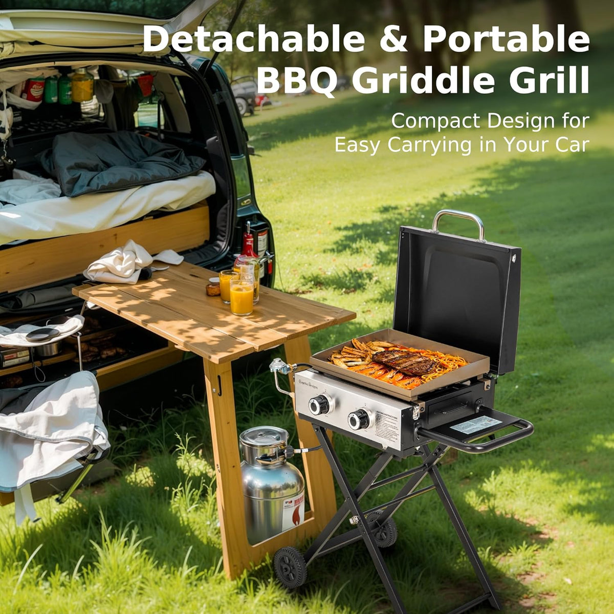 MFSTUDIO Small Portable Propane Griddle, 2 In 1 Gas BBQ Travel Grill with Foldable Stand, Compact and Light Countertop Grills with 2 Burners and Side Table, for Outdoor Cooking, Camping and Roadtrip