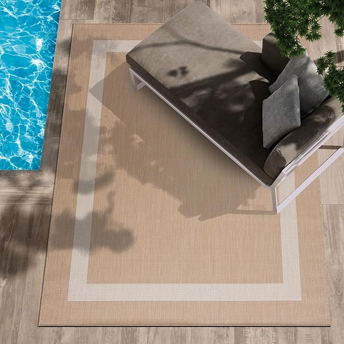 CAMILSON Outdoor Rug 8x10, Modern Outside Rugs for Patios Porches Waterproof Durable Washable Non-Shedding, Easy-to-Clean Indoor Outdoor Area Carpet (8 x 10, Bordered - Beige/White)
