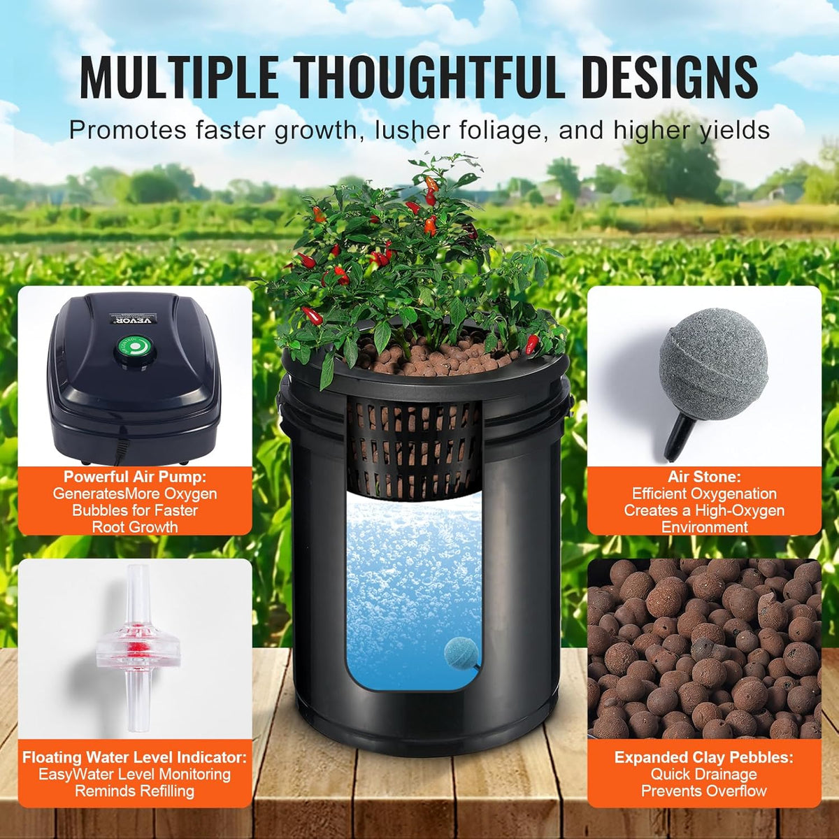 VEVOR RDWC Hydroponics Grow System, Hydroponic Growing Kit with Top Drip, Recirculating Deep Water Culture 4 Buckles and 1 Reservoir, with Air Pump and Water Level Device for Leafy Vegetables