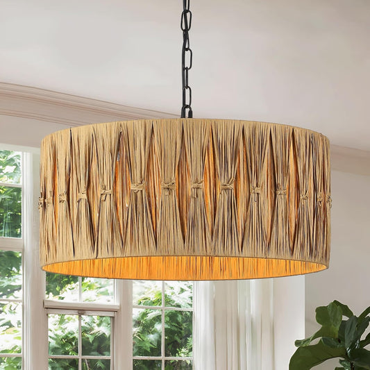 5-Light Boho Chandelier Light Fixture, 18.5" Large Raffia Drum Chandelier Hand Woven Coastal Pendant Light for Dining Room Kitchen Entryway Foyer Bedroom