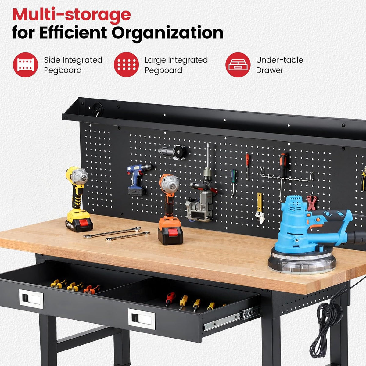 Workbench with Wheels 60 x 22 Inch Heavy Duty Rubber Wood Tabletop Work Bench with Pegboard, Drawers, Power Outlets Adjustable Height Work Table for Woodworking Shop, Home, Office