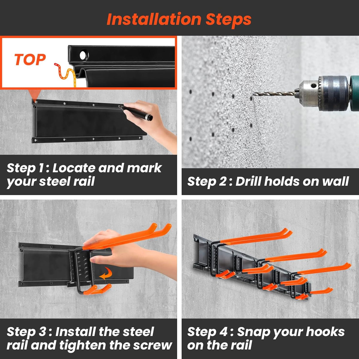 ELECROW Garage Storage Organizer, Wall Mount Rack with 6 Adjustable Hooks, 48 Inches Adjustable Garden Tool Organization, Heavy Duty for Garden and Yard Tool Storage