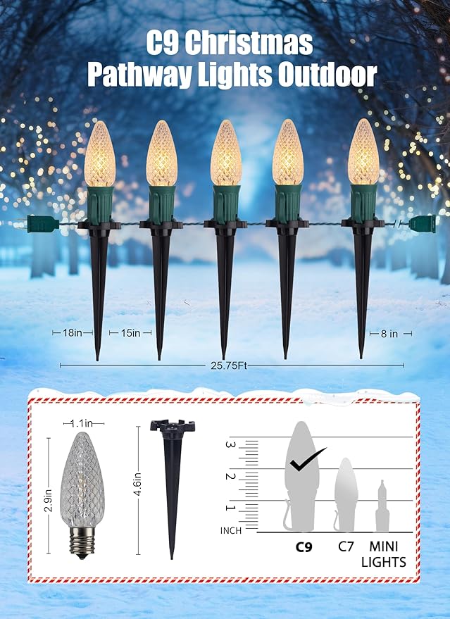 C9 Christmas String Lights Outdoor - 20 LED Pathway Light with Strawberry Shell and Stake Connectable Warm White High Voltage Waterproof for Driveways Xmas Holiday Patio Decoration