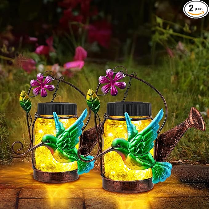 2 Pack Solar Lanterns Outdoor Waterproof Kettle Hanging Solar Lantern, Watering Jar Outdoor Solar Lanterns with Hummingbird Decor for Yard Garden Tree